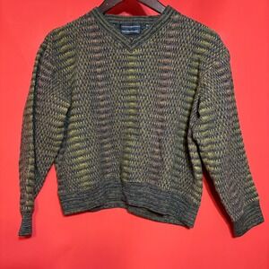 Jhane Barnes V Neck Geometric‎ Knit Sweater Womens Large Woven In Japan